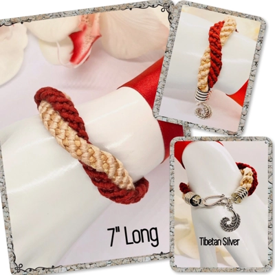 Red and Cream Twin Flat Braids Entwined Bracelet With Silver Feather dangle Charm Red and Cream Twin Flat Braids Entwined Bracelet With Silver Feather dangle Charm