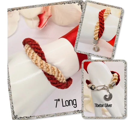 Red and Cream Twin Flat Braids Entwined Bracelet With Silver Feather dangle Charm