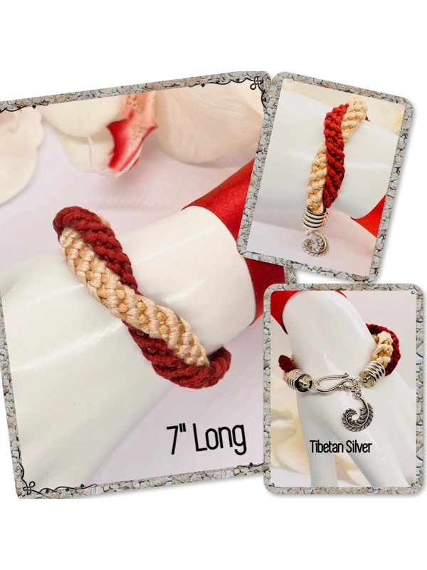 Red and Cream Twin Flat Braids Entwined Bracelet With Silver Feather dangle Charm
