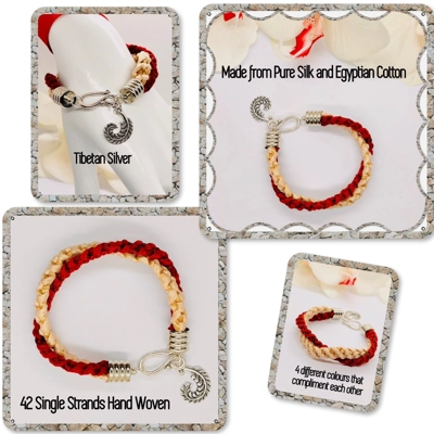 Red and Cream Twin Flat Braids Entwined Bracelet With Silver Feather dangle Charm Red and Cream Twin Flat Braids Entwined Bracelet With Silver Feather dangle Charm