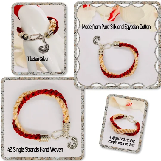 Red and Cream Twin Flat Braids Entwined Bracelet With Silver Feather dangle Charm