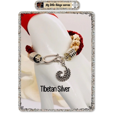 Red and Cream Twin Flat Braids Entwined Bracelet With Silver Feather dangle Charm Red and Cream Twin Flat Braids Entwined Bracelet With Silver Feather dangle Charm