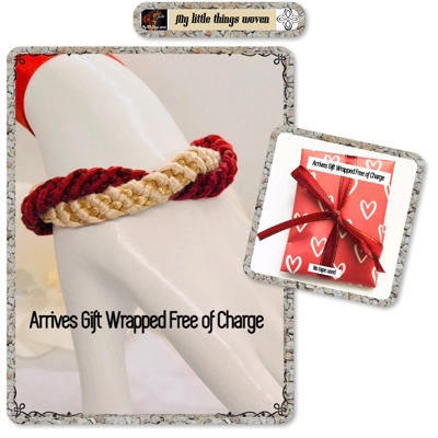 Red and Cream Twin Flat Braids Entwined Bracelet With Silver Feather dangle Charm Red and Cream Twin Flat Braids Entwined Bracelet With Silver Feather dangle Charm