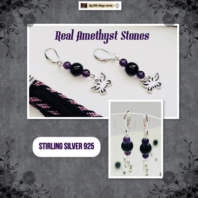 Black & Purple Multi-stranded Necklace & Real Amethyst Butterfly Earrings Set sterling silver