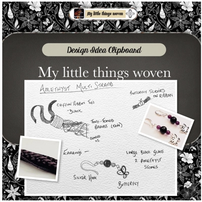 Black & Purple Multi-stranded Necklace & Real Amethyst Butterfly Earrings Set sterling silver