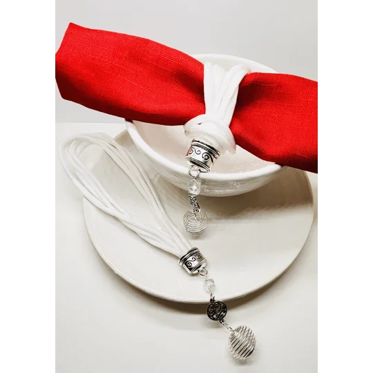 White Serviette Napkin Rings Set of 2 Handmade Corded With Silver findings
