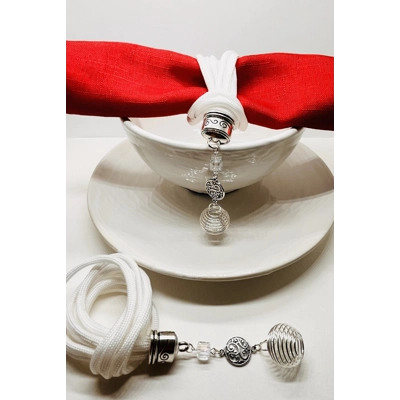 White Serviette Napkin Rings Set of 2 Handmade Corded With Silver findings