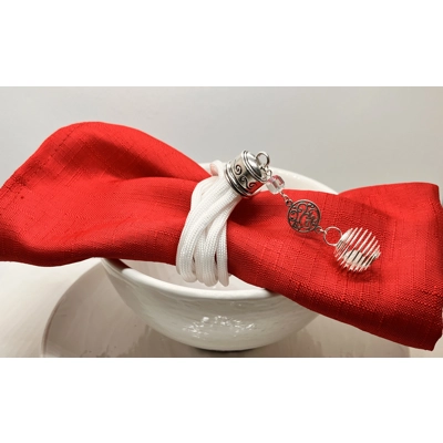 White Serviette Napkin Rings Set of 2 Handmade Corded With Silver findings
