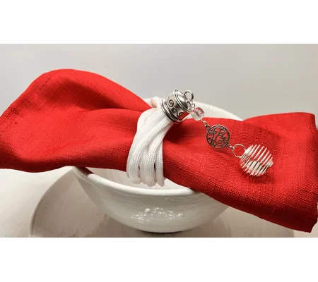 White Serviette Napkin Rings Set of 2 Handmade Corded With Silver findings