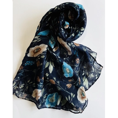 Navy Blue Floral Printed Scarf By INTRIGUE