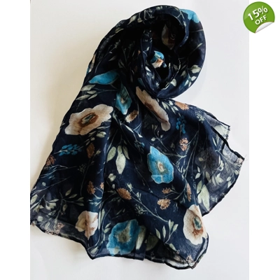 Navy Blue Floral Printed Scarf By INTRIGUE