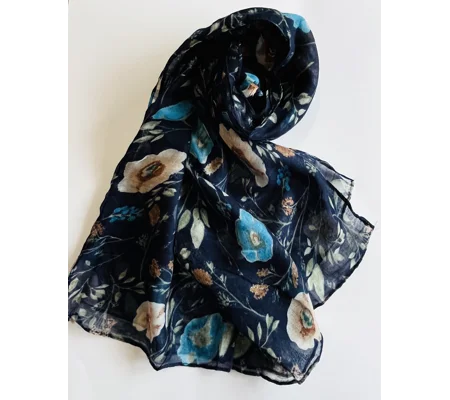 Navy Blue Floral Printed Scarf By INTRIGUE