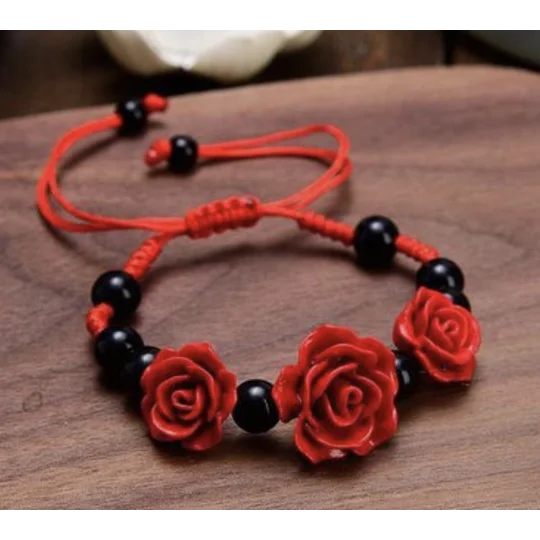 Red Rose Bracelets Set of 3, Ethnic Hand crafted Lacquer Carved Cinnabar Roses