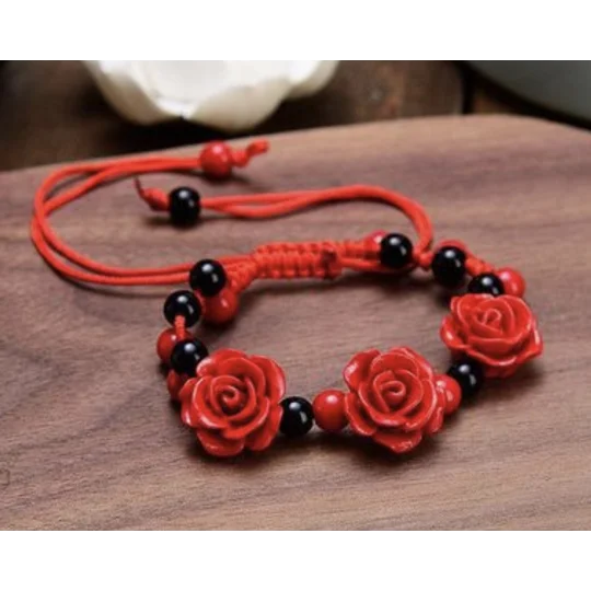 Red Rose Bracelets Set of 3, Ethnic Hand crafted Lacquer Carved Cinnabar Roses