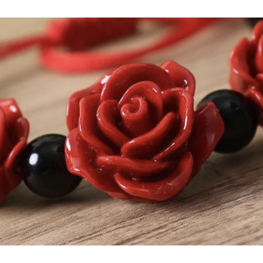 Red Rose Bracelets Set of 3, Ethnic Hand crafted Lacquer Carved Cinnabar Roses