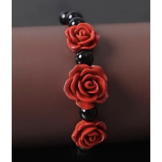 Red Rose Bracelets Set of 3, Ethnic Hand crafted Lacquer Carved Cinnabar Roses