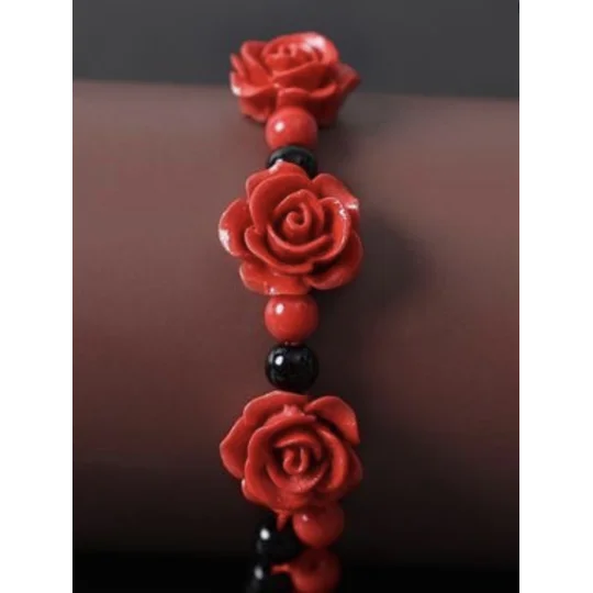 Red Rose Bracelets Set of 3, Ethnic Hand crafted Lacquer Carved Cinnabar Roses