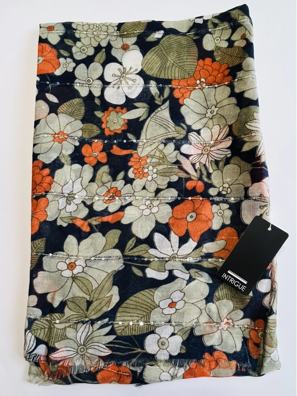 Green Navy And Orange Floral Scarf With Sequins By INTRIGUE