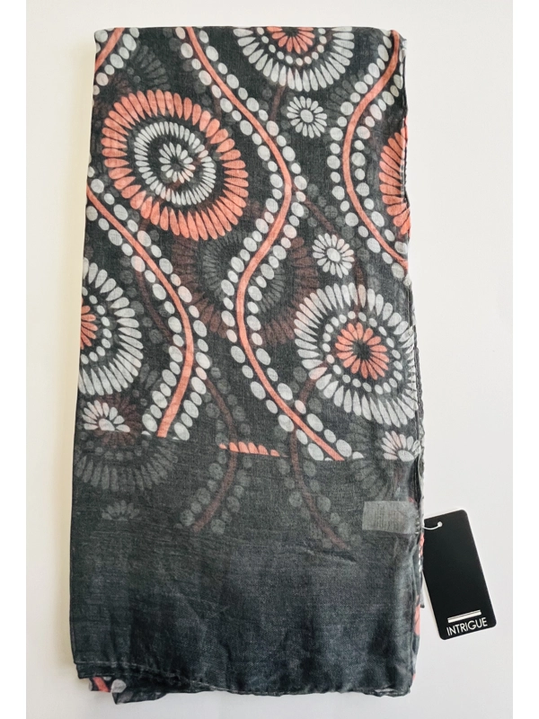 Black scarf with pink and white mandala flower print by INTRIGUE