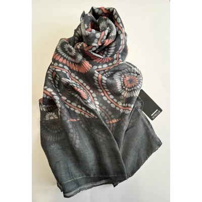 Black scarf with pink and white mandala flower print by INTRIGUE Black scarf with pink and white mandala flower print by INTRIGUE