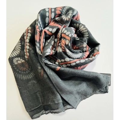 Black scarf with pink and white mandala flower print by INTRIGUE Black scarf with pink and white mandala flower print by INTRIGUE