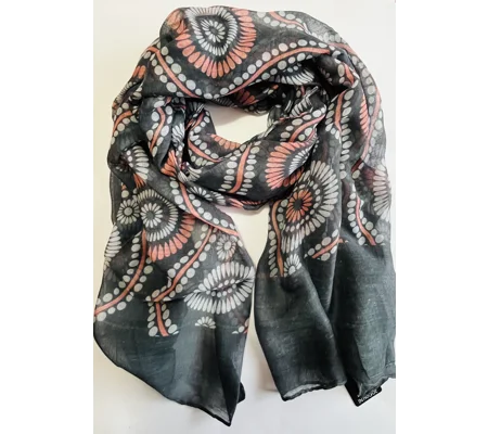 Black scarf with pink and white mandala flower print by INTRIGUE