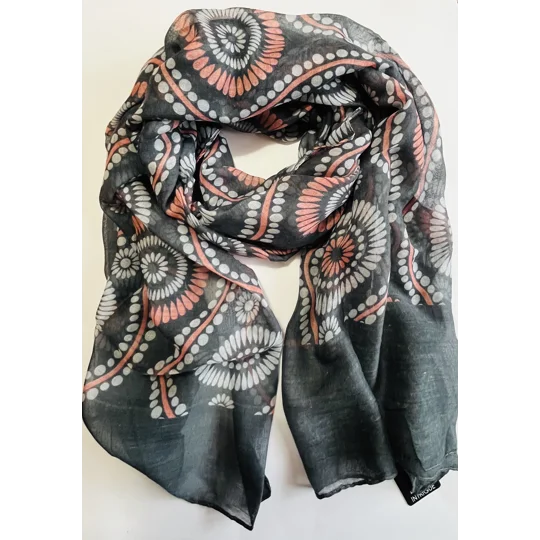 Black scarf with pink and white mandala flower print by INTRIGUE
