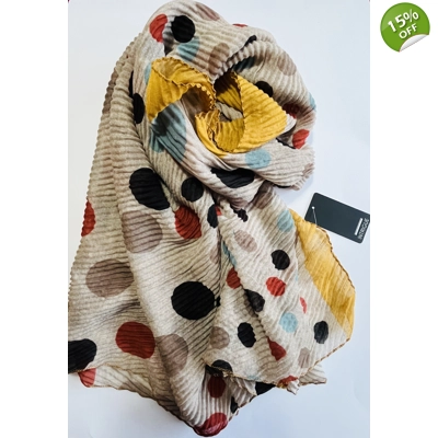 Multicoloured Spot print scarf crinkle texture with gold trim by INTRIGUE