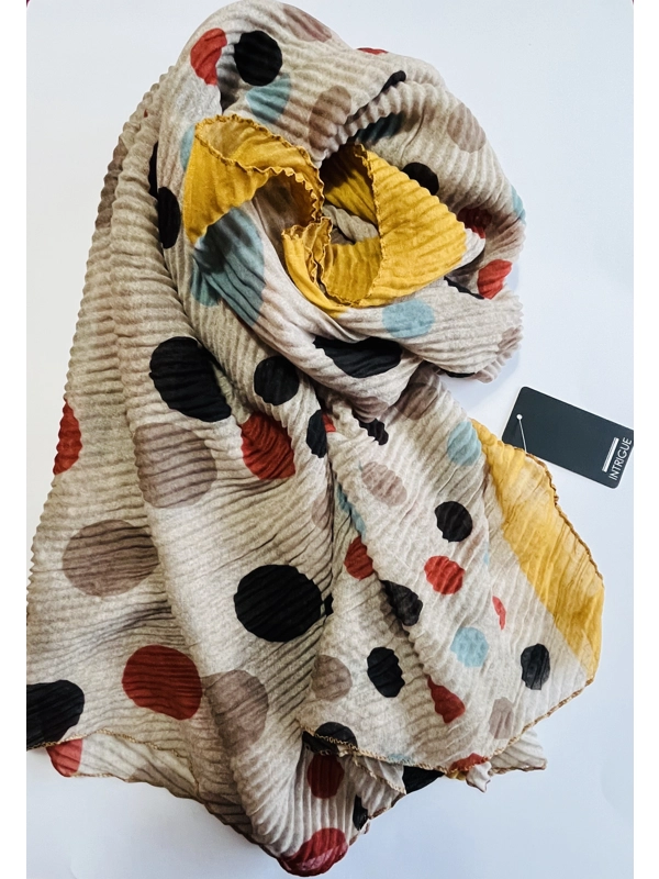 Multicoloured Spot print scarf crinkle texture with gold trim by INTRIGUE