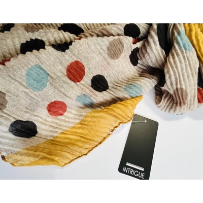 Multicoloured Spot print scarf crinkle texture with gold trim by INTRIGUE