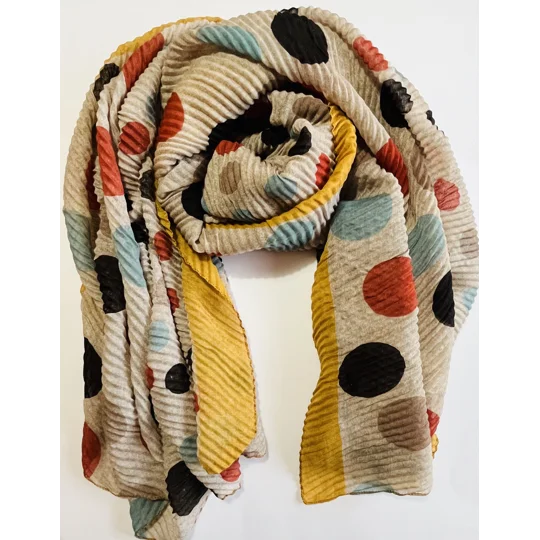 Multicoloured Spot print scarf crinkle texture with gold trim by INTRIGUE