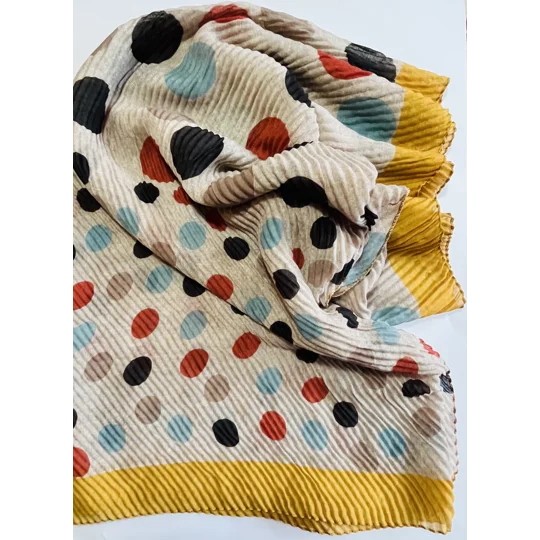 Multicoloured Spot print scarf crinkle texture with gold trim by INTRIGUE
