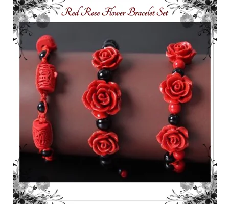 Red Rose Bracelets Set of 3, Ethnic Hand crafted Lacquer Carved Cinnabar Roses