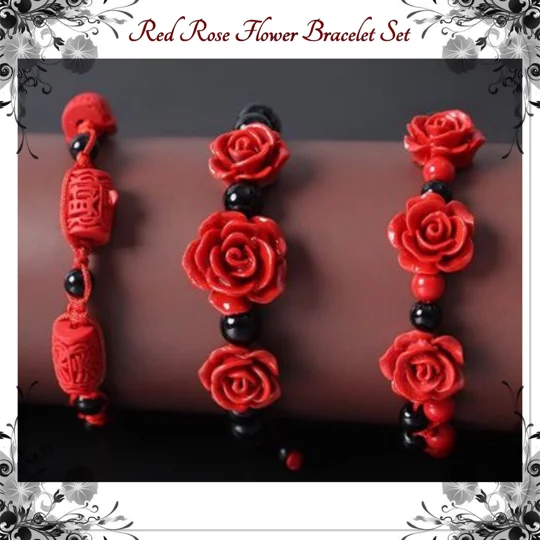 Red Rose Bracelets Set of 3, Ethnic Hand crafted Lacquer Carved Cinnabar Roses