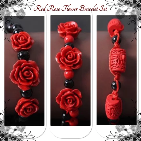 Red Rose Bracelets Set of 3, Ethnic Hand crafted Lacquer Carved Cinnabar Roses