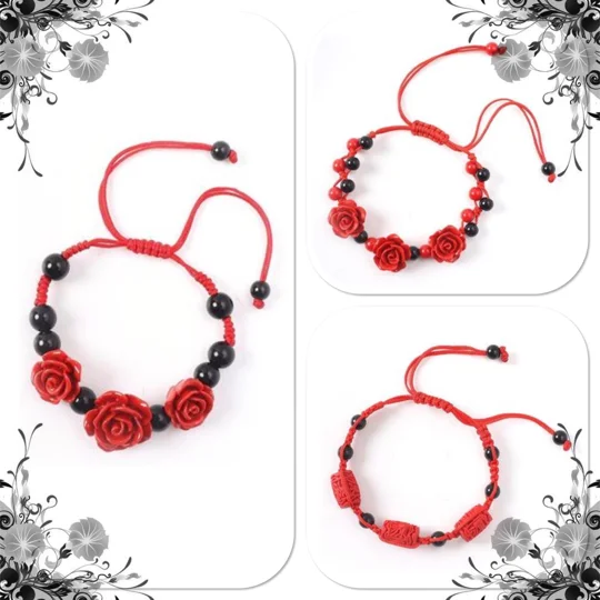 Red Rose Bracelets Set of 3, Ethnic Hand crafted Lacquer Carved Cinnabar Roses