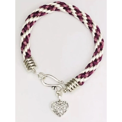 Pink & White Silk Braided Large Heart Mandala Pendant Necklace & Bracelet 2 piece Set