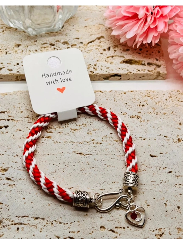 Red & White Silk Kumihimo Braid Spiral Patterned Bracelet With Valentine Love Heart Charm Silver