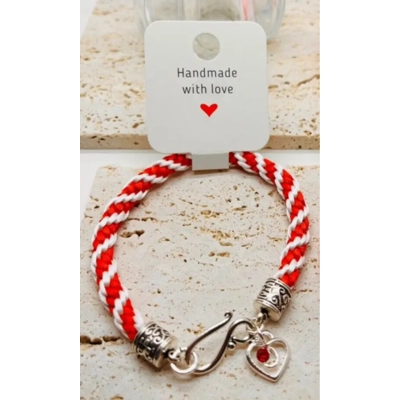 Red & White Silk Kumihimo Braid Spiral Patterned Bracelet With Valentine Love Heart Charm Silver