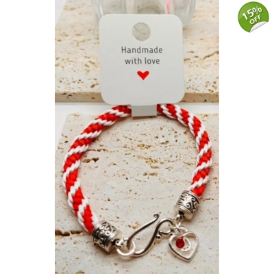 Red & White Silk Kumihimo Braid Spiral Patterned Bracelet With Valentine Love Heart Charm Silver