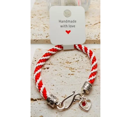 Red & White Silk Kumihimo Braid Spiral Patterned Bracelet With Valentine Love Heart Charm Silver