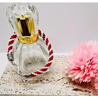 Red & White Silk Kumihimo Braid Spiral Patterned Bracelet With Valentine Love Heart Charm Silver