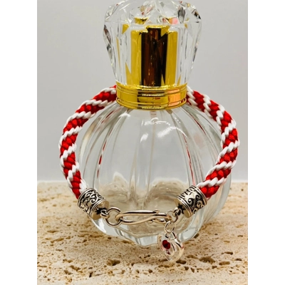 Red & White Silk Kumihimo Braid Spiral Patterned Bracelet With Valentine Love Heart Charm Silver