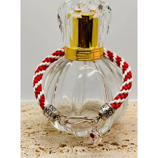 Red & White Silk Kumihimo Braid Spiral Patterned Bracelet With Valentine Love Heart Charm Silver