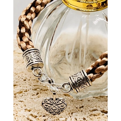 Beige & Brown Silk Kumihimo Braided Bracelet With Love Heart Charm Handmade Silver