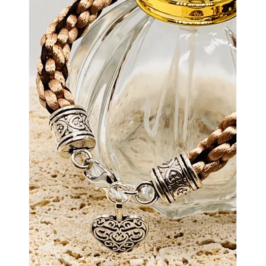 Beige & Brown Silk Kumihimo Braided Bracelet With Love Heart Charm Handmade Silver