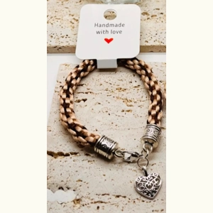 Beige & Brown Silk Kumihimo Braided Bracelet With Love Hea..