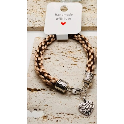 Beige & Brown Silk Kumihimo Braided Bracelet With Love Heart Charm Handmade Silver