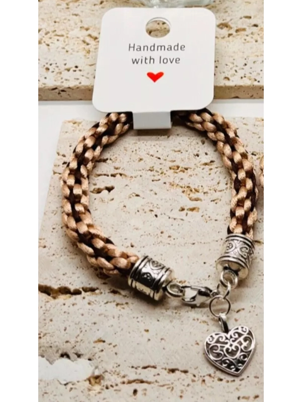 Beige & Brown Silk Kumihimo Braided Bracelet With Love Heart Charm Handmade Silver