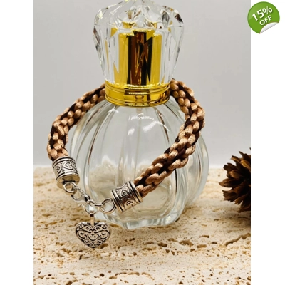 Beige & Brown Silk Kumihimo Braided Bracelet With Love Heart Charm Handmade Silver